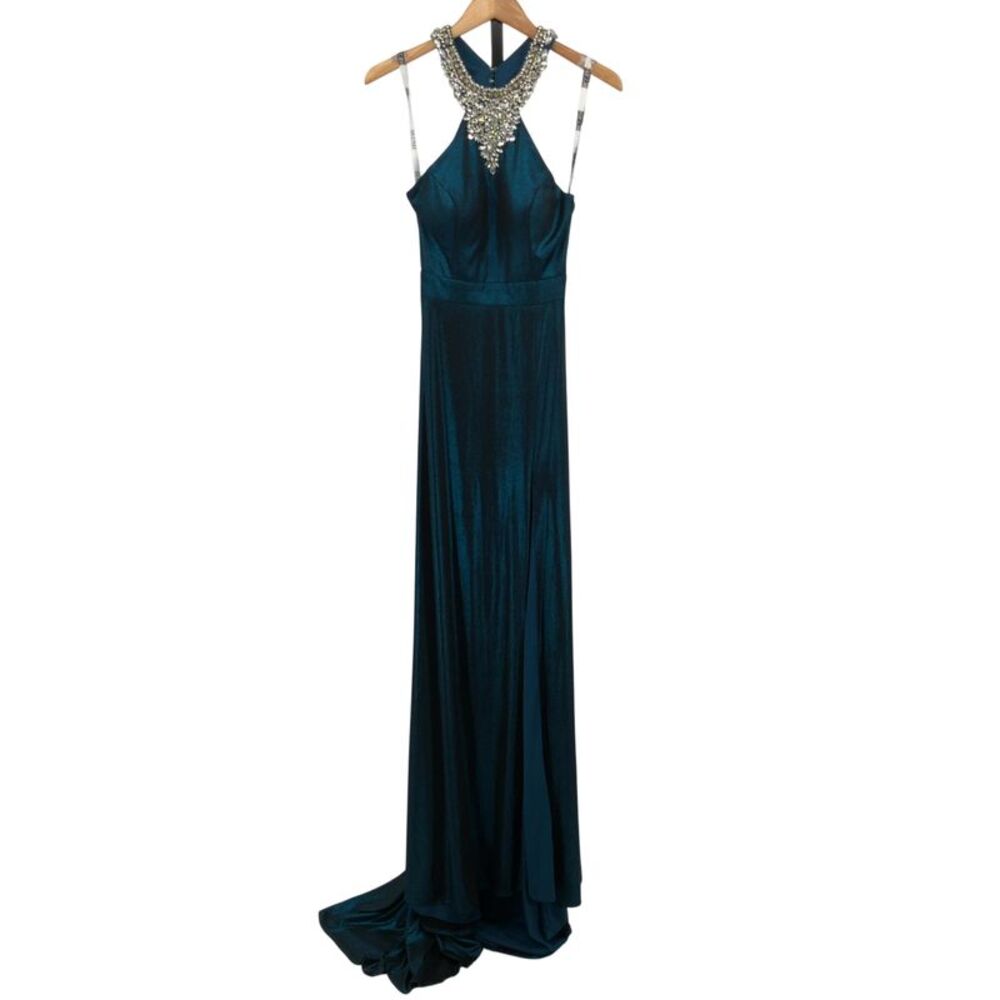 Blush Women Metallic Jersey Gown With High Slit Blue S